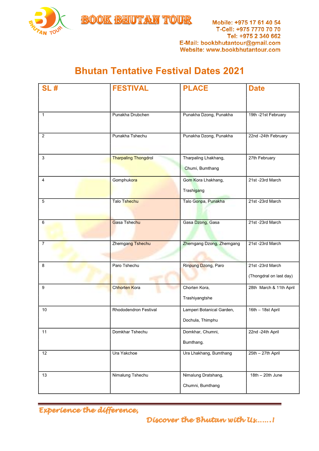 Bhutan Tentative Festival Dates 2021
