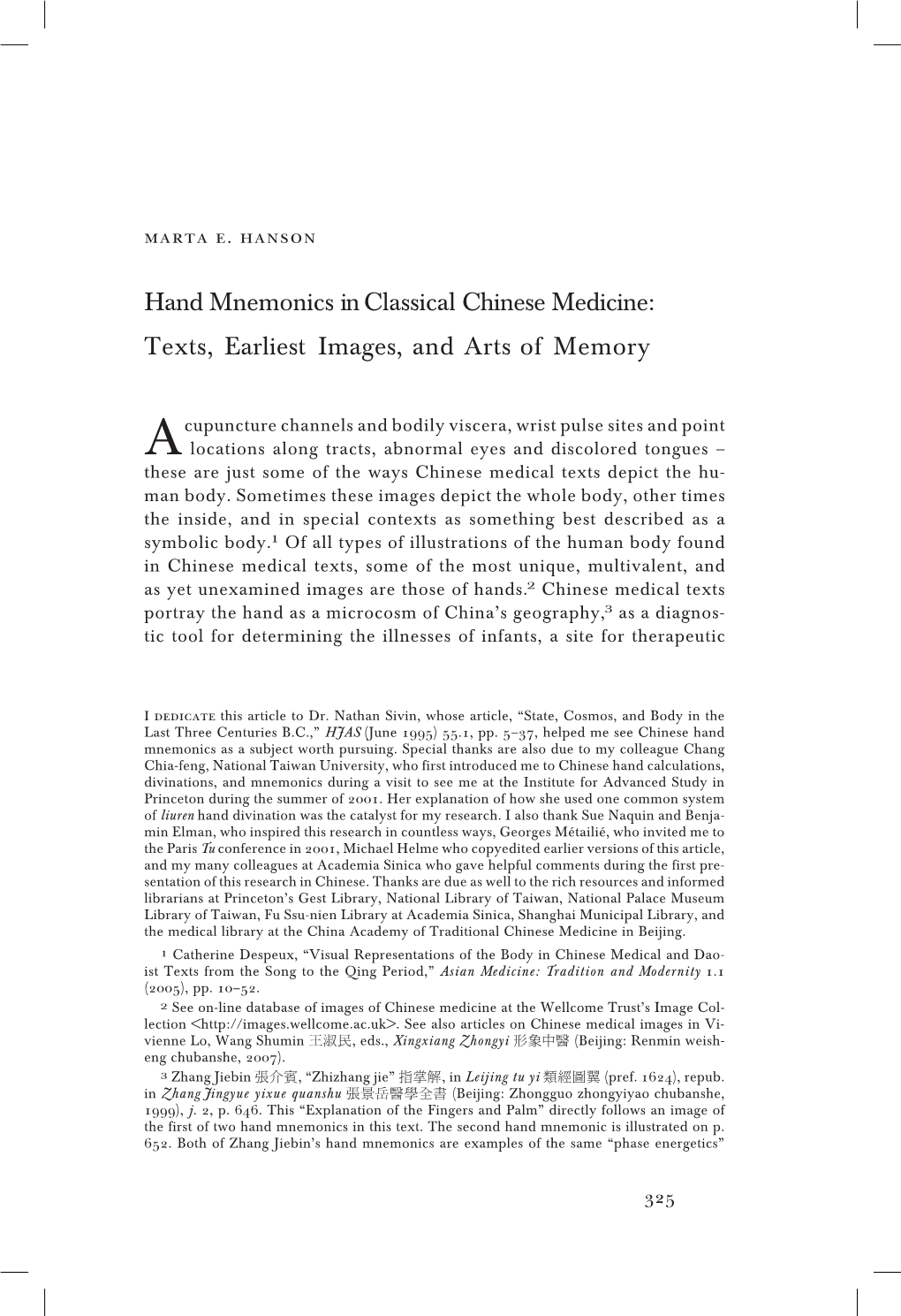 Hand Mnemonics in Classical Chinese Medicine: Texts, Earliest Images, and Arts of Memory