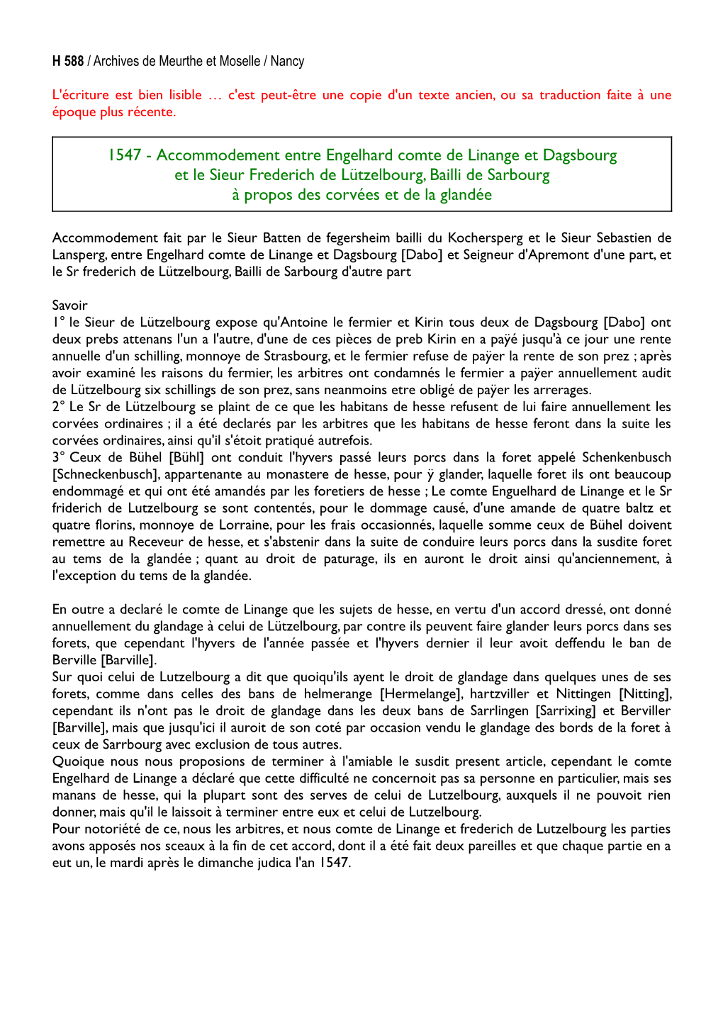 1547 - Accommodement Entre Engelhard Comte De Linange Et Dagsbourg Et Le Sieur Frederich De Lützelbourg, Bailli De Sarbourg À Propos Des Corvées Et De La Glandée