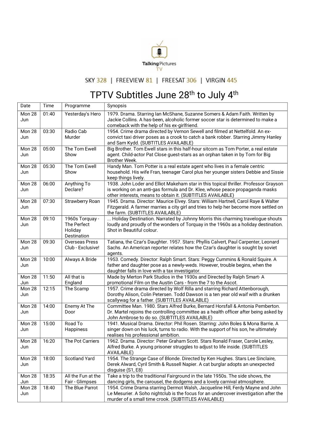 TPTV Subtitles June 28Th to July 4Th Date Time Programme Synopsis Mon 28 01:40 Yesterday's Hero 1979