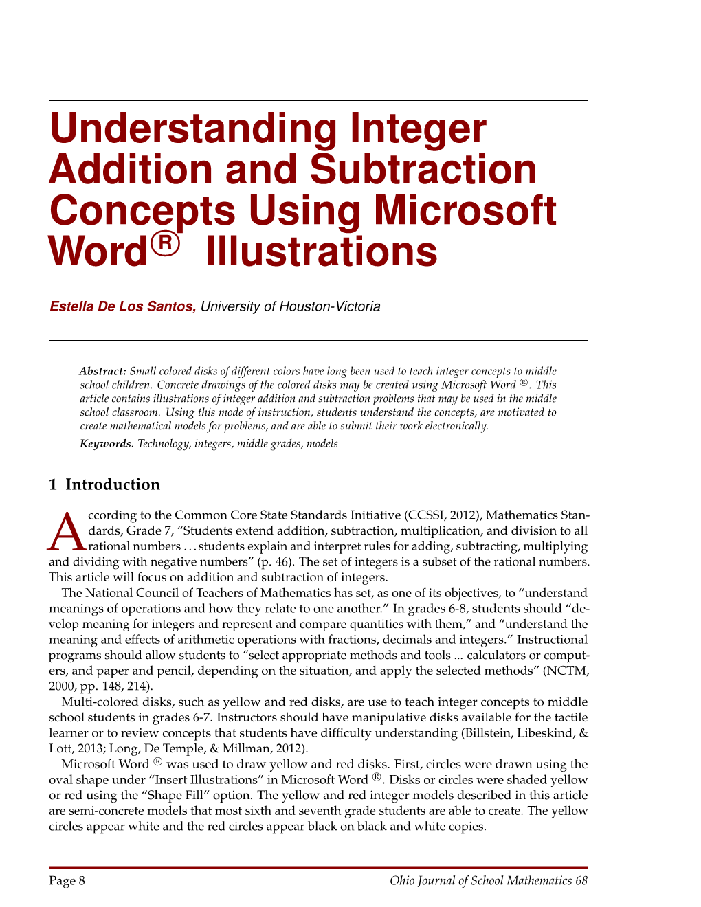 Understanding Integer Addition and Subtraction Concepts Using Microsoft R Word Illustrations