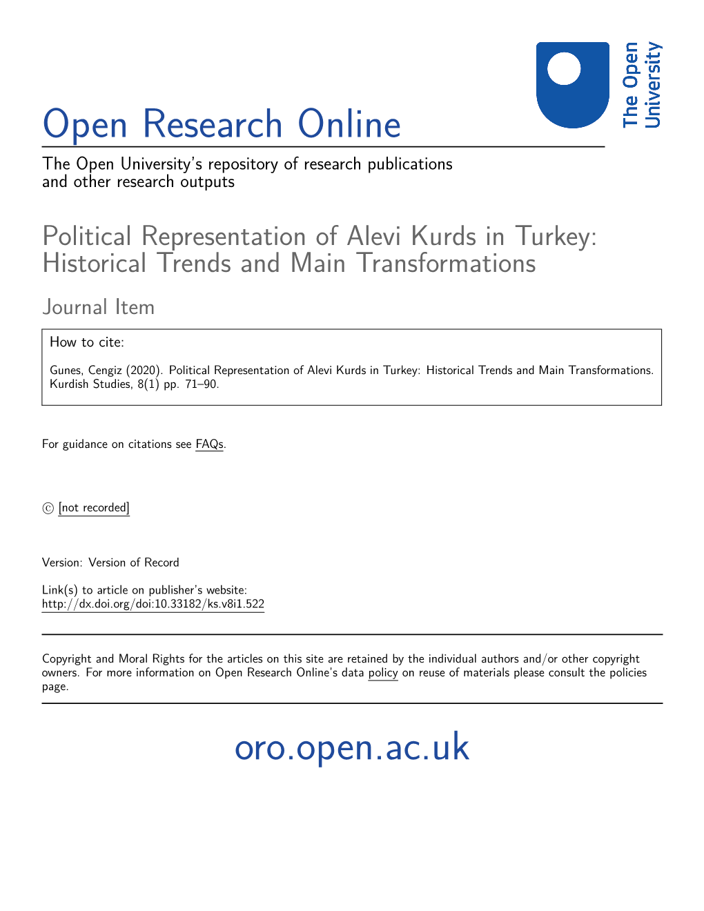 Political Representation of Alevi Kurds in Turkey: Historical Trends and Main Transformations Journal Item