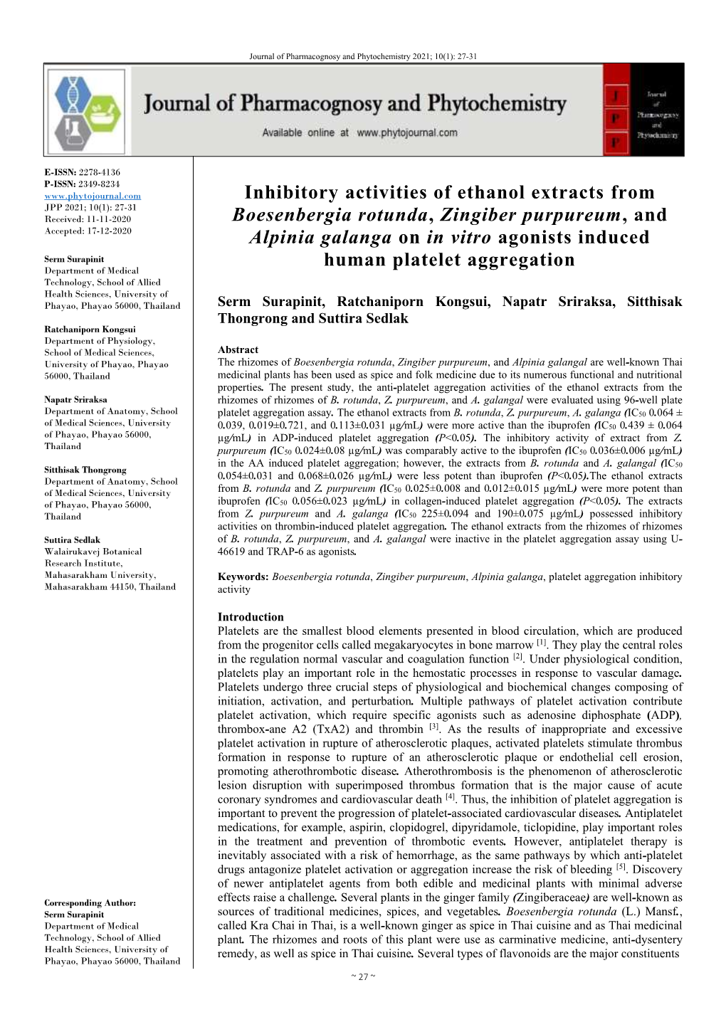 Inhibitory Activities of Ethanol Extracts from Boesenbergia Rotunda