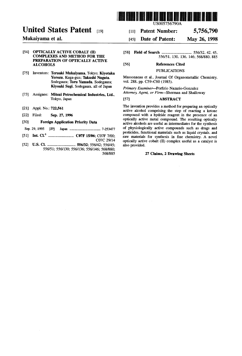 United States Patent (19) 11 Patent Number: 5,756,790 Mukaiyama Et Al