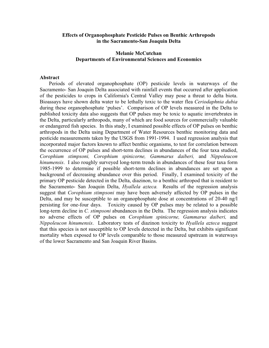 Effects of Organophosphate Pesticide Pulses on Benthic Arthropods in the Sacramento-San Joaquin Delta