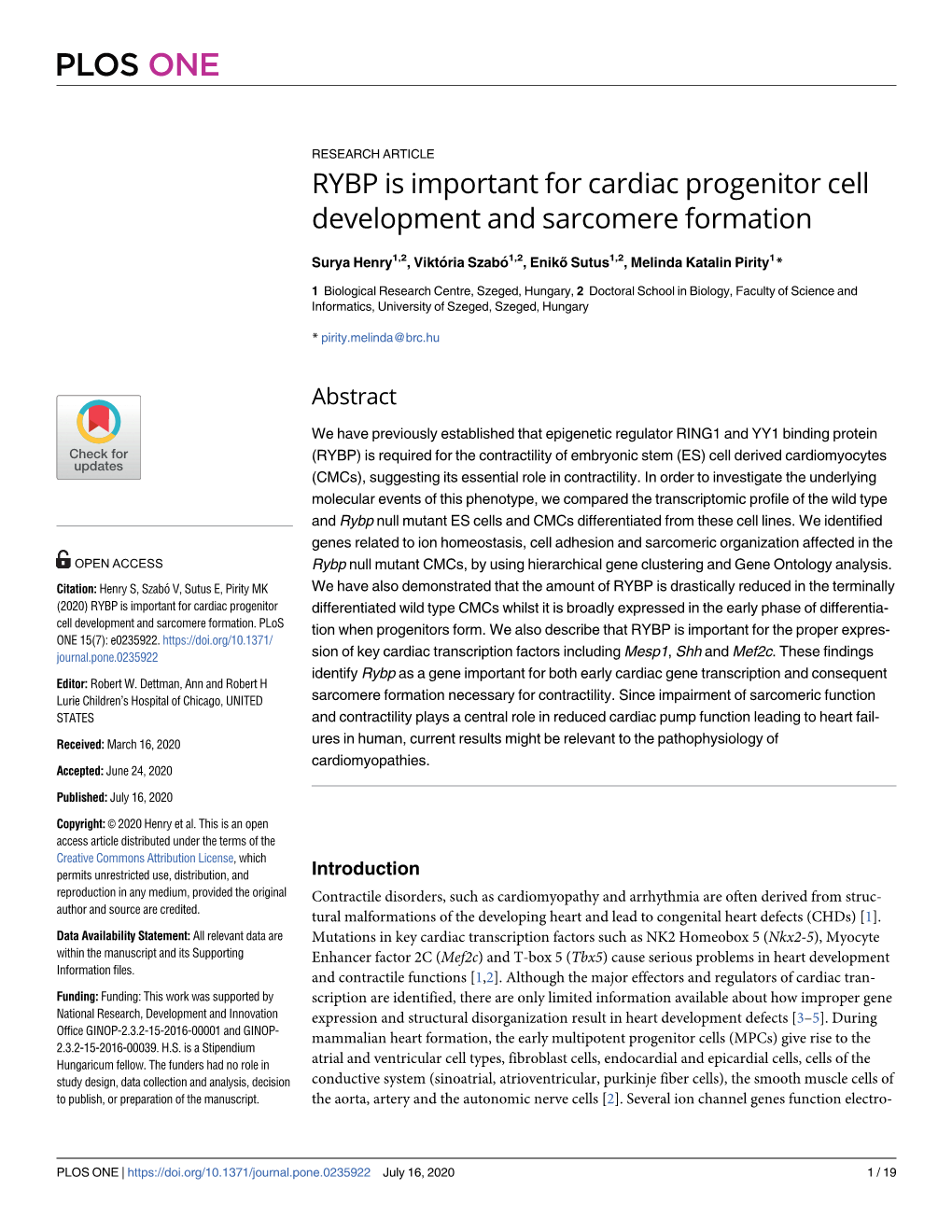 RYBP Is Important for Cardiac Progenitor Cell Development and Sarcomere Formation