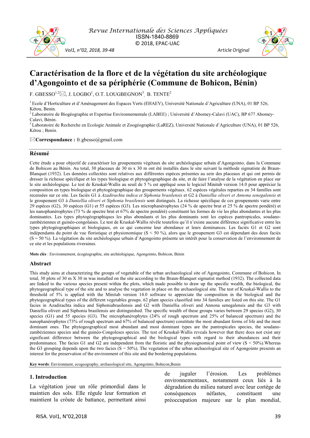 Caractérisation De La Flore Et De La Végétation Du Site Archéologique D’Agongointo Et De Sa Périphérie (Commune De Bohicon, Bénin)