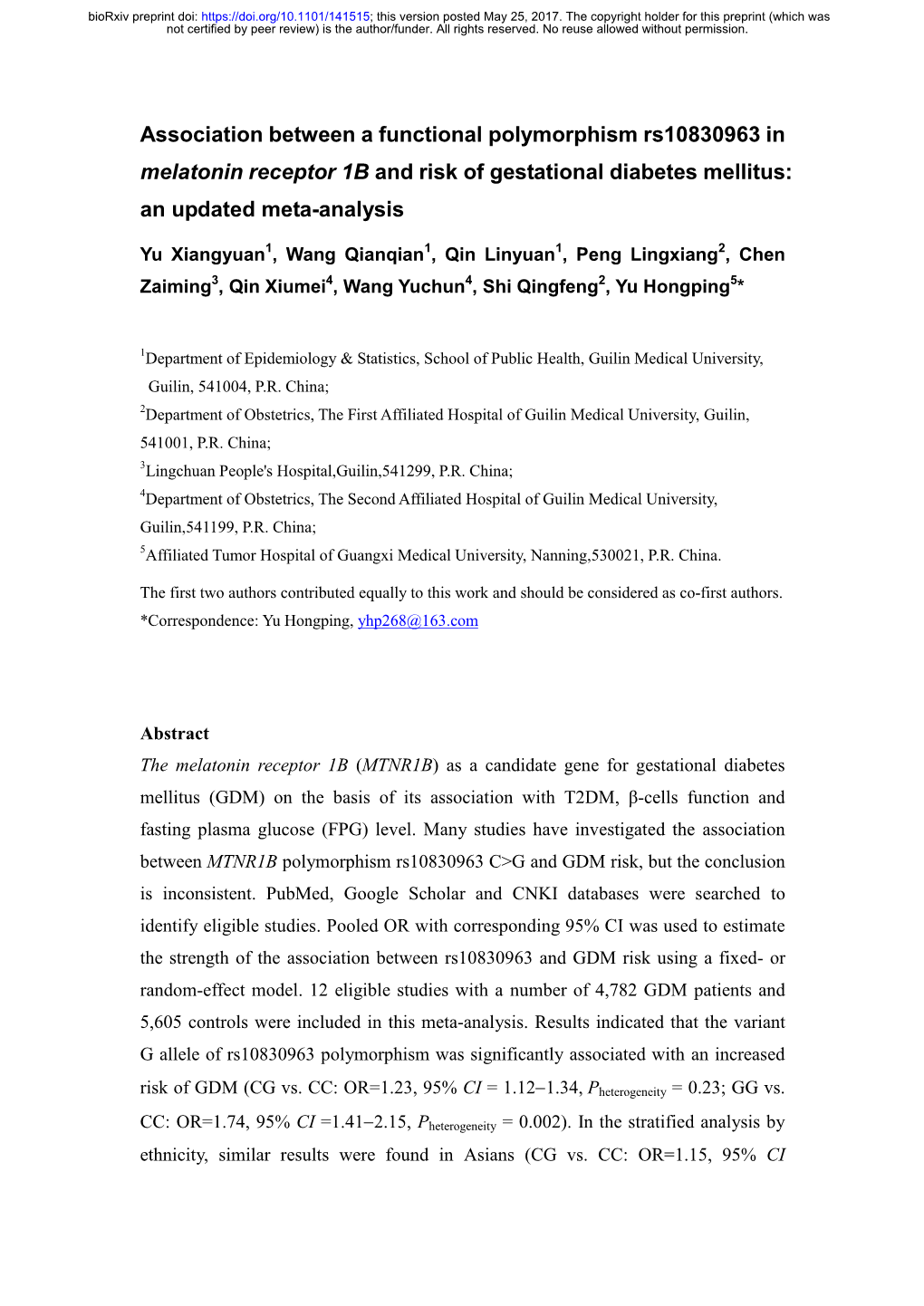 Association Between a Functional Polymorphism Rs10830963 in Melatonin Receptor 1B and Risk of Gestational Diabetes Mellitus: an Updated Meta-Analysis