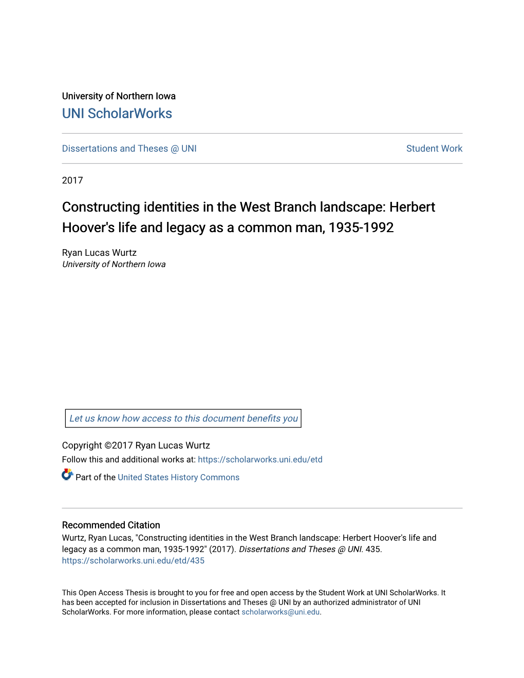 Constructing Identities in the West Branch Landscape: Herbert Hoover's Life and Legacy As a Common Man, 1935-1992