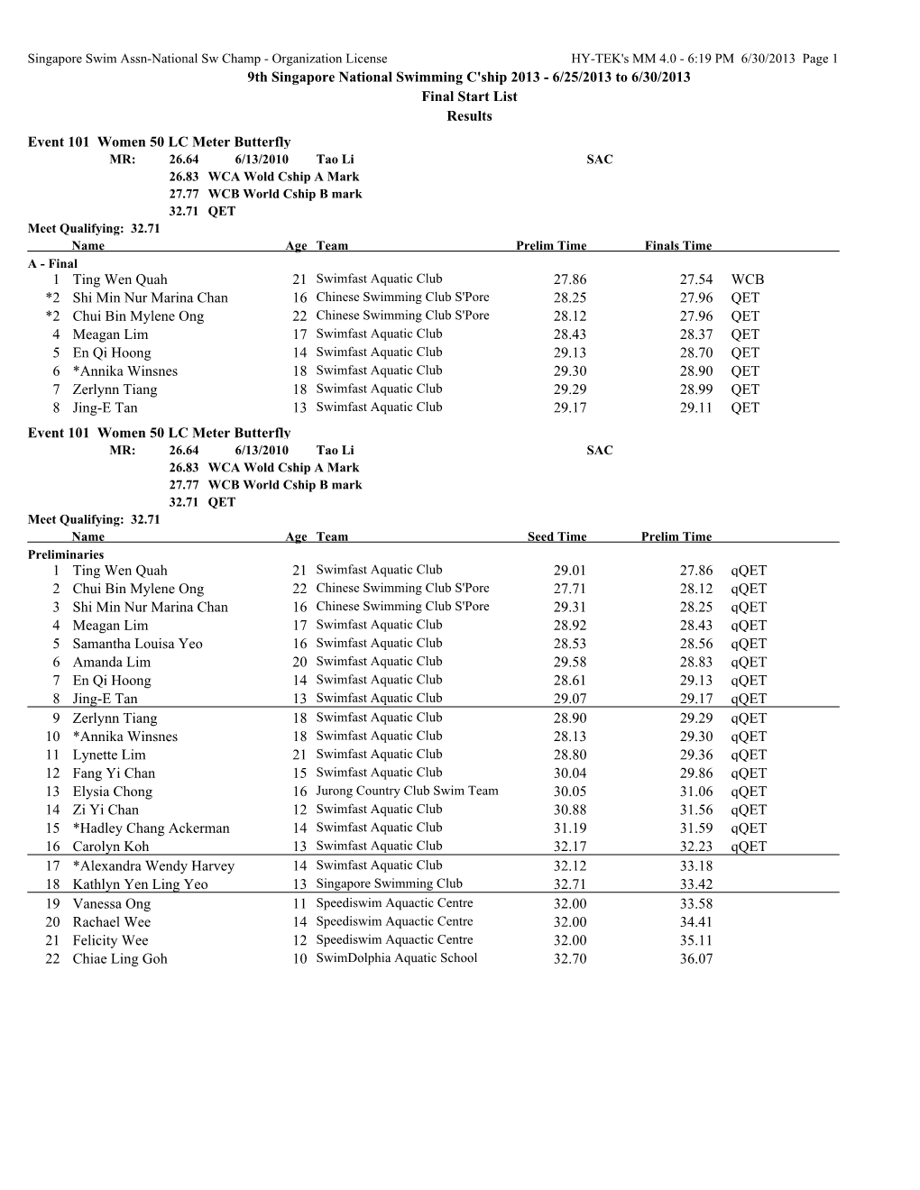 9Th Singapore National Swimming C'ship 2013 - 6/25/2013 to 6/30/2013 Final Start List Results