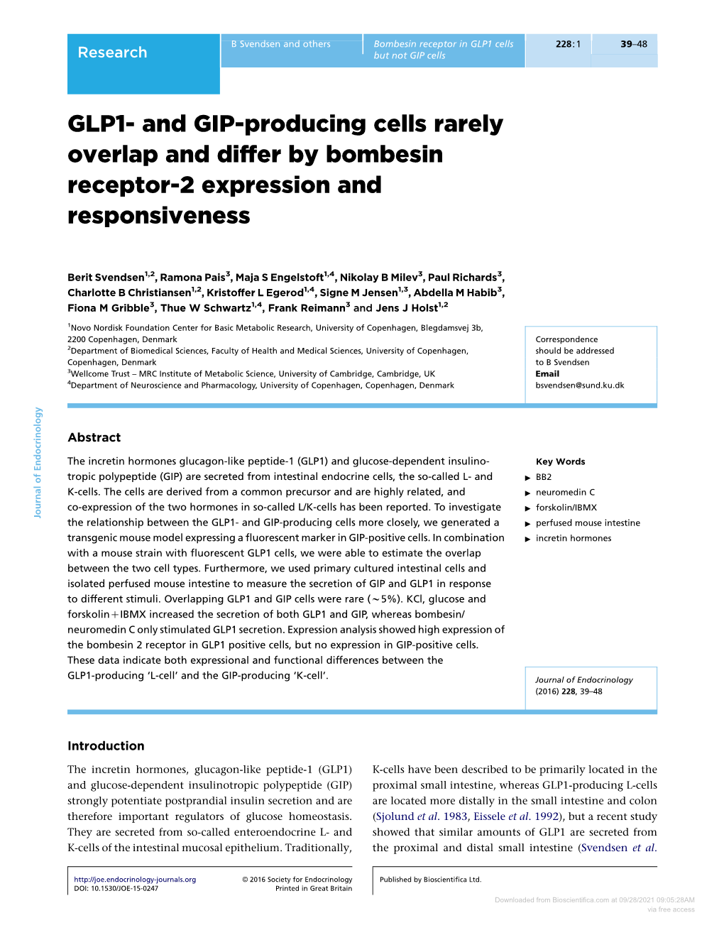 GLP1- and GIP-Producing Cells Rarely Overlap and Differ by Bombesin Receptor-2 Expression and Responsiveness