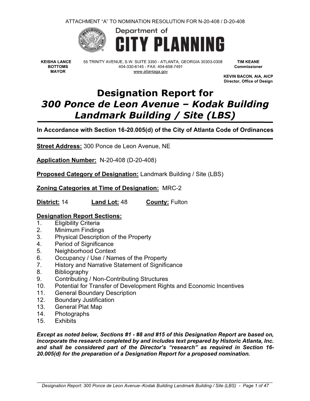 Designation Report for 300 Ponce De Leon Avenue – Kodak Building Landmark Building / Site (LBS)