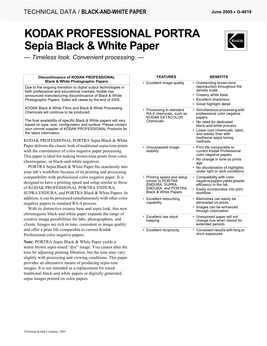 KODAK PROFESSIONAL PORTRA Sepia Black & White Paper