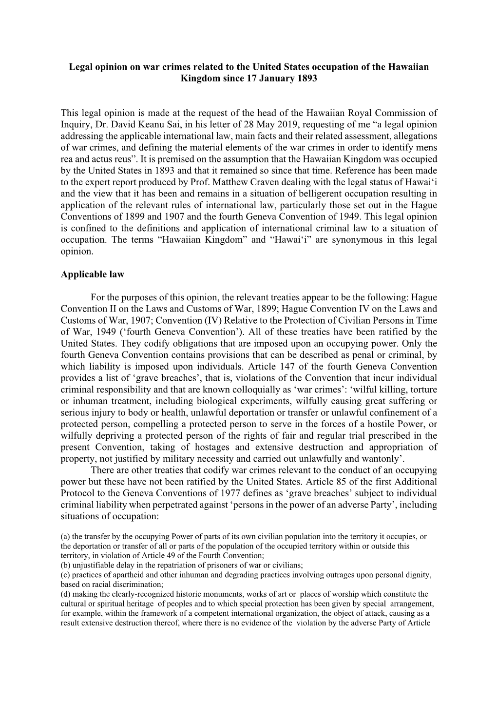 Legal Opinion on War Crimes Related to the United States Occupation of the Hawaiian Kingdom Since 17 January 1893