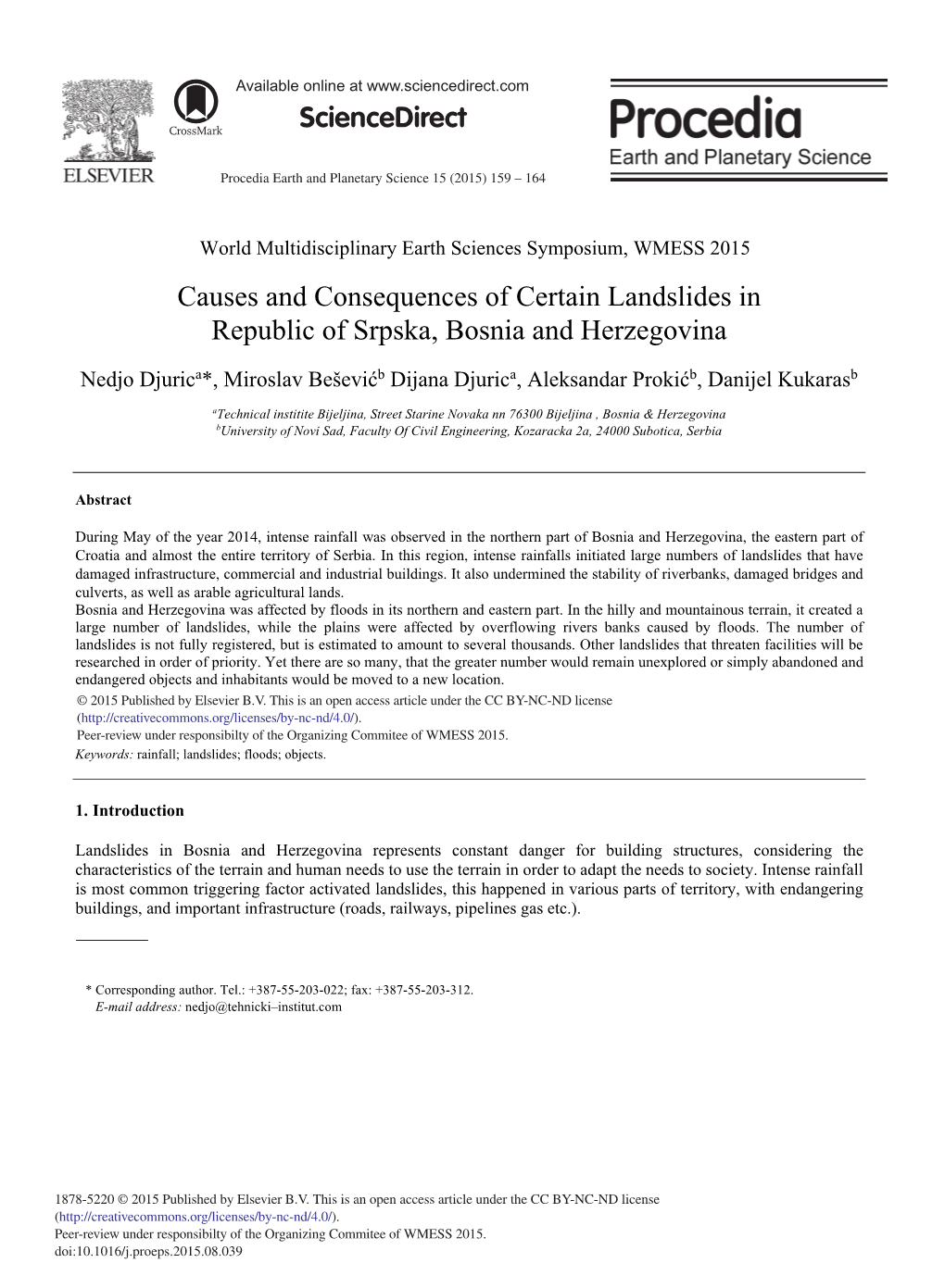 Causes and Consequences of Certain Landslides in Republic of Srpska, Bosnia and Herzegovina