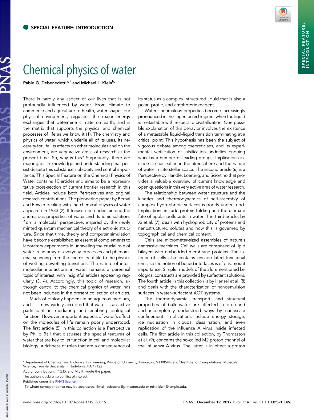 Chemical Physics of Water SPECIAL FEATURE: INTRODUCTION