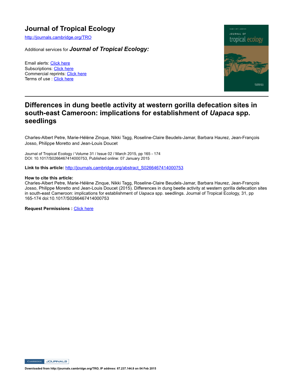 Journal of Tropical Ecology Differences in Dung Beetle Activity