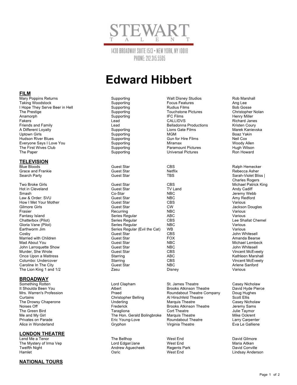 Edward Hibbert Theatrical Resume