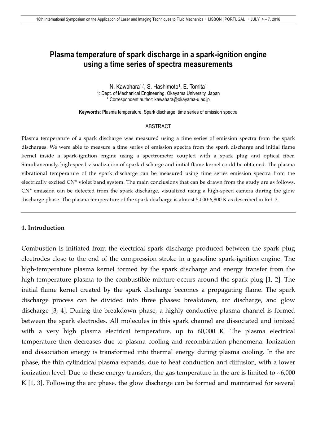 Plasma Temperature of Spark Discharge in a Spark-Ignition Engine Using a Time Series of Spectra Measurements