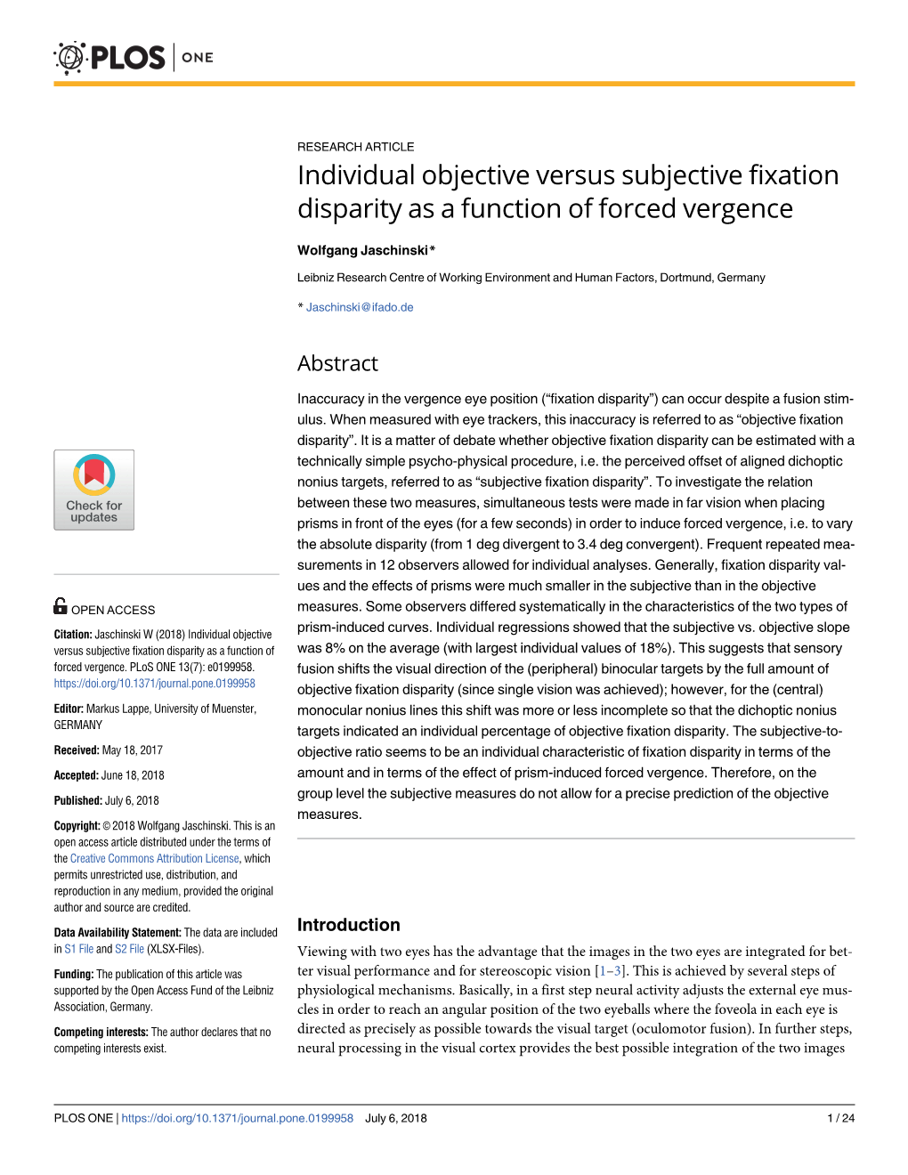 Individual Objective Versus Subjective Fixation Disparity As a Function of Forced Vergence