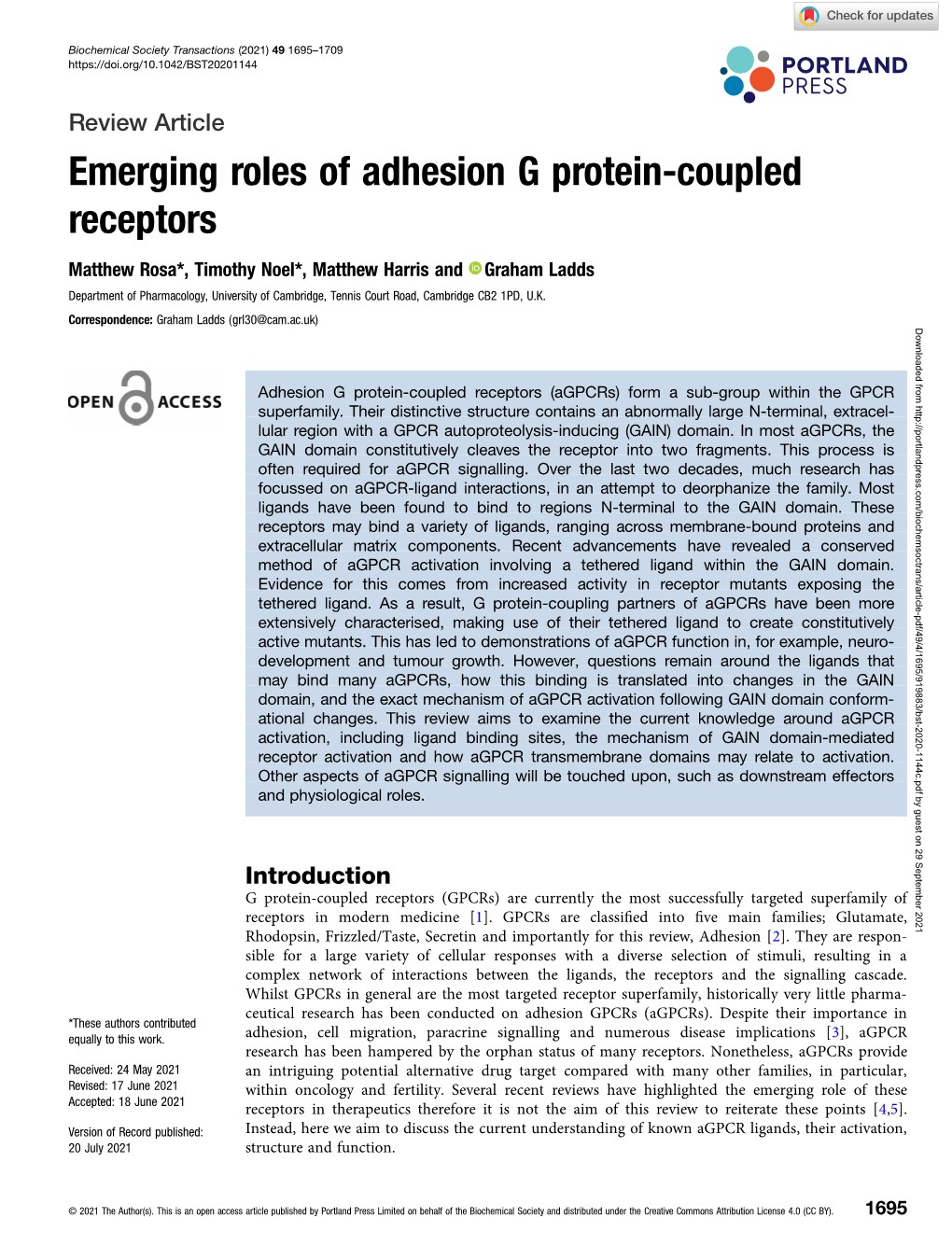 Emerging Roles of Adhesion G Protein-Coupled Receptors