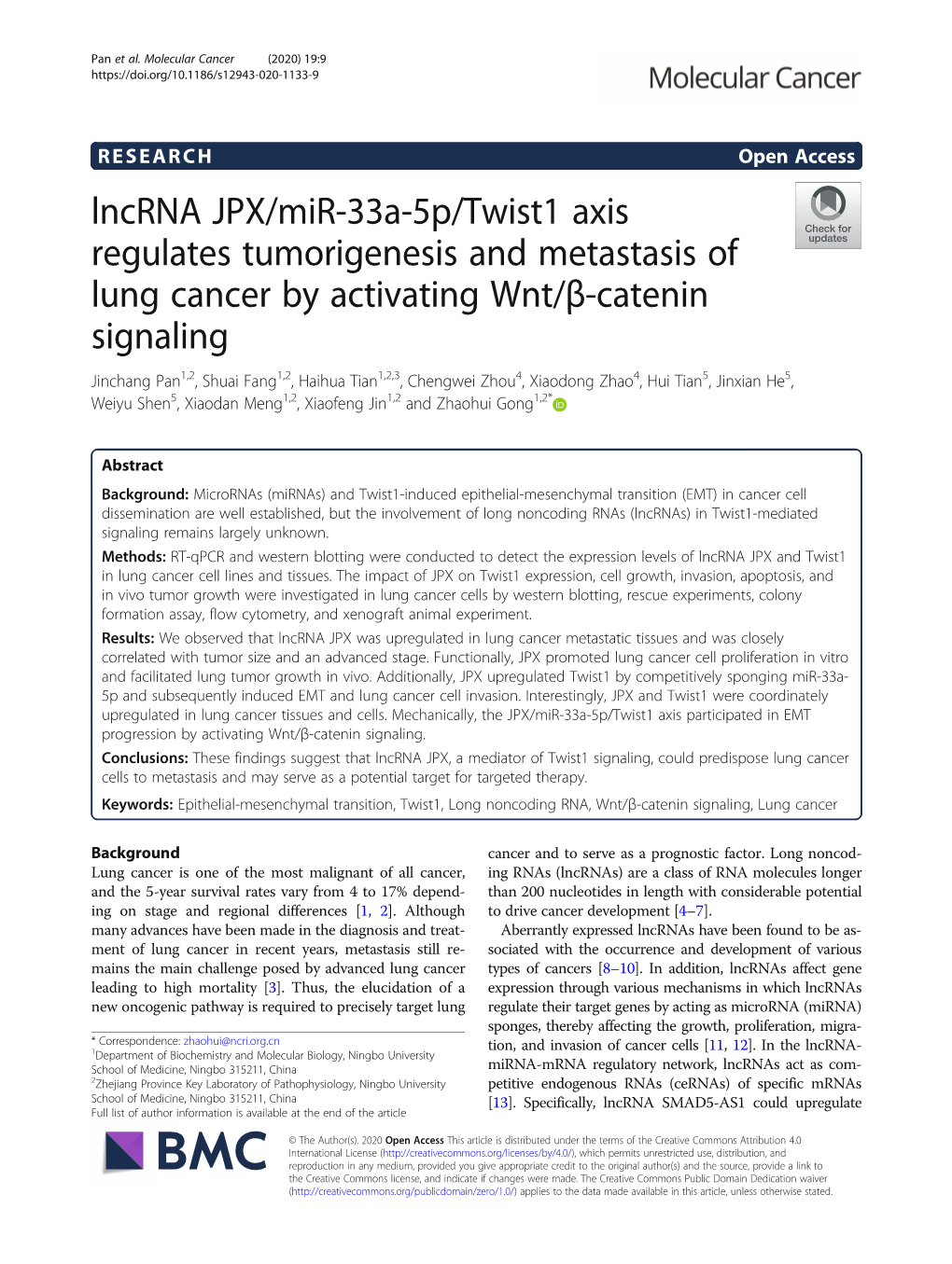 Lncrna JPX/Mir-33A-5P/Twist1 Axis Regulates Tumorigenesis and Metastasis of Lung Cancer by Activating Wnt/Β-Catenin Signaling