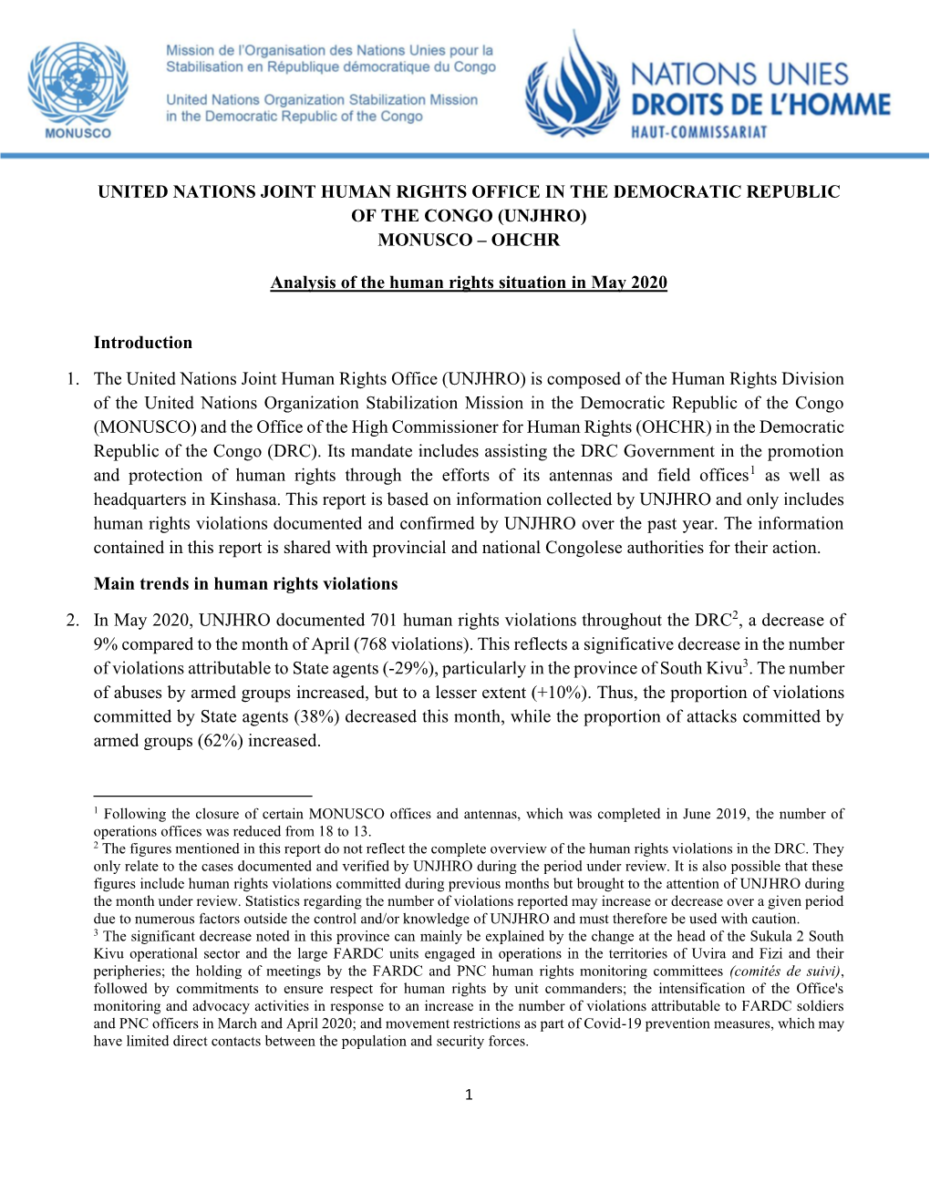 United Nations Joint Human Rights Office in the Democratic Republic of the Congo (Unjhro) Monusco – Ohchr
