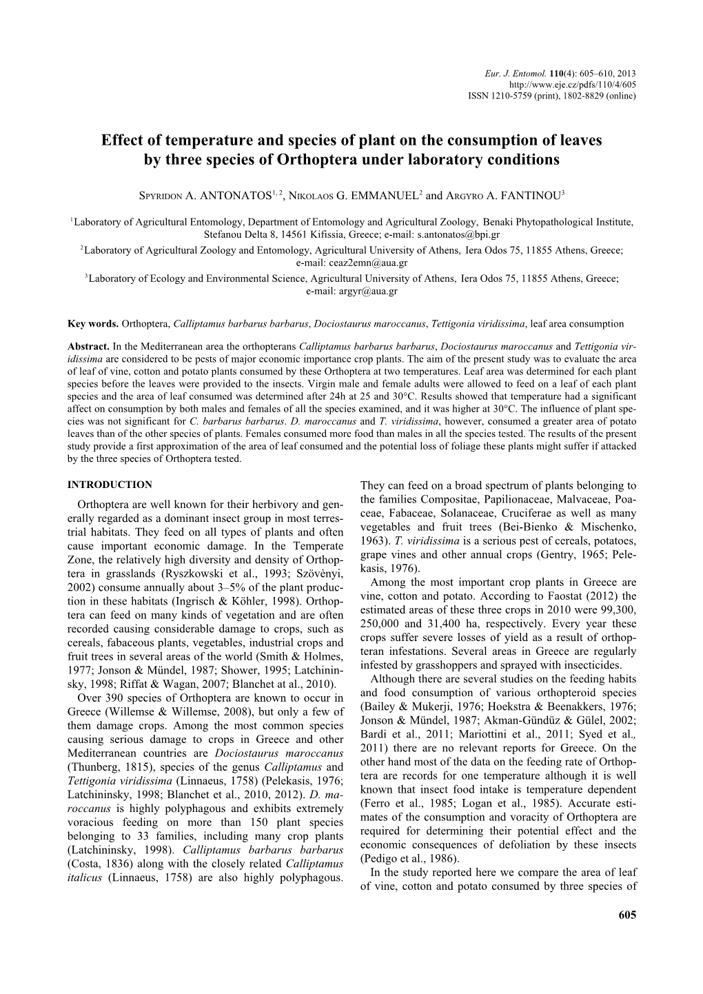 Effect of Temperature and Species of Plant on the Consumption of Leaves by Three Species of Orthoptera Under Laboratory Conditions