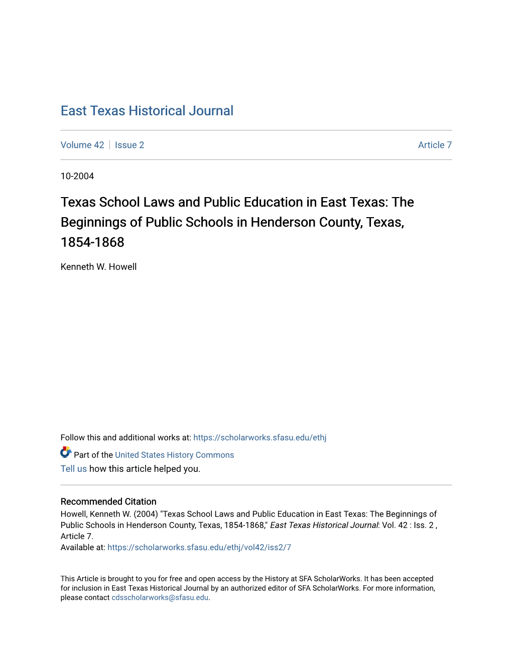 Texas School Laws and Public Education in East Texas: the Beginnings of Public Schools in Henderson County, Texas, 1854-1868