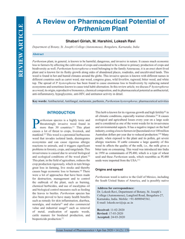 A Review on Pharmaceutical Potential of Parthenium Plant