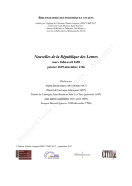 Nouvelles De La République Des Lettres Mars 1684-Avril 1689 Janvier 1699-Décembre 1706