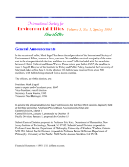 Volume 5, No. 1, Spring 1994 General Announcements