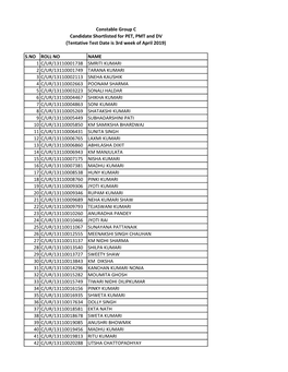 Constable Group C Candidate Shortlisted for PET, PMT and DV (Tentative Test Date Is 3Rd Week of April 2019)