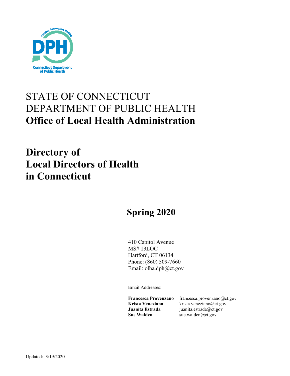 STATE of CONNECTICUT DEPARTMENT of PUBLIC HEALTH Office of Local Health Administration