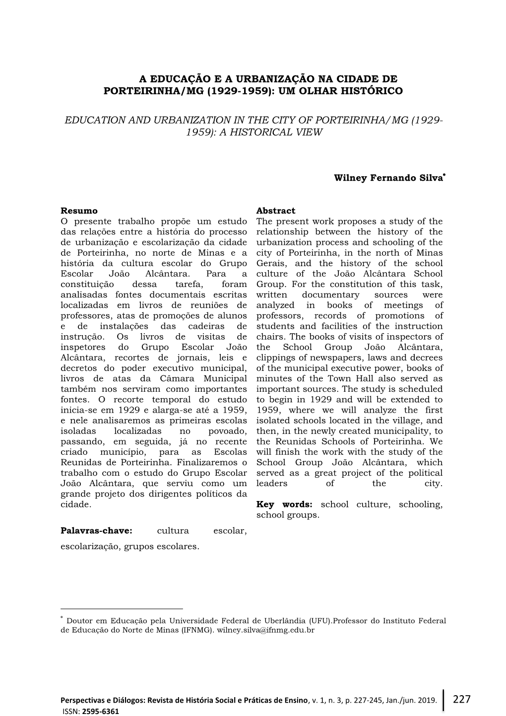 A Educação E a Urbanização Na Cidade De Porteirinha/Mg (1929-1959): Um Olhar Histórico