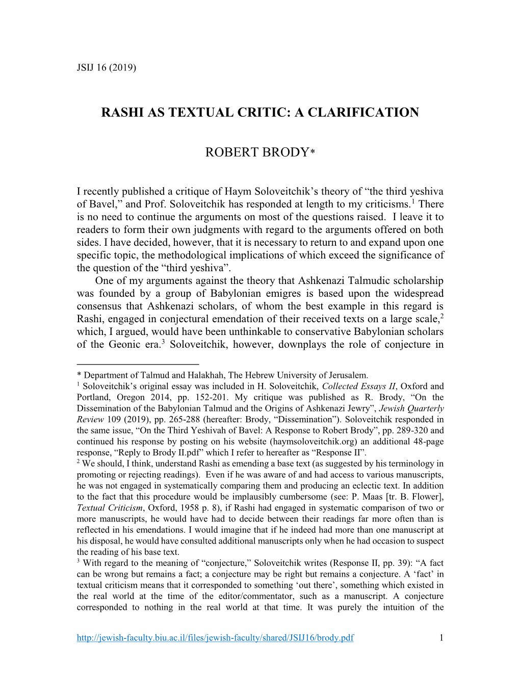 Rashi As Textual Critic: a Clarification Robert Brody*