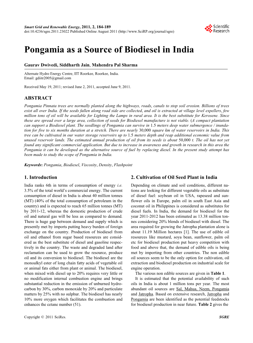 Pongamia As a Source of Biodiesel in India