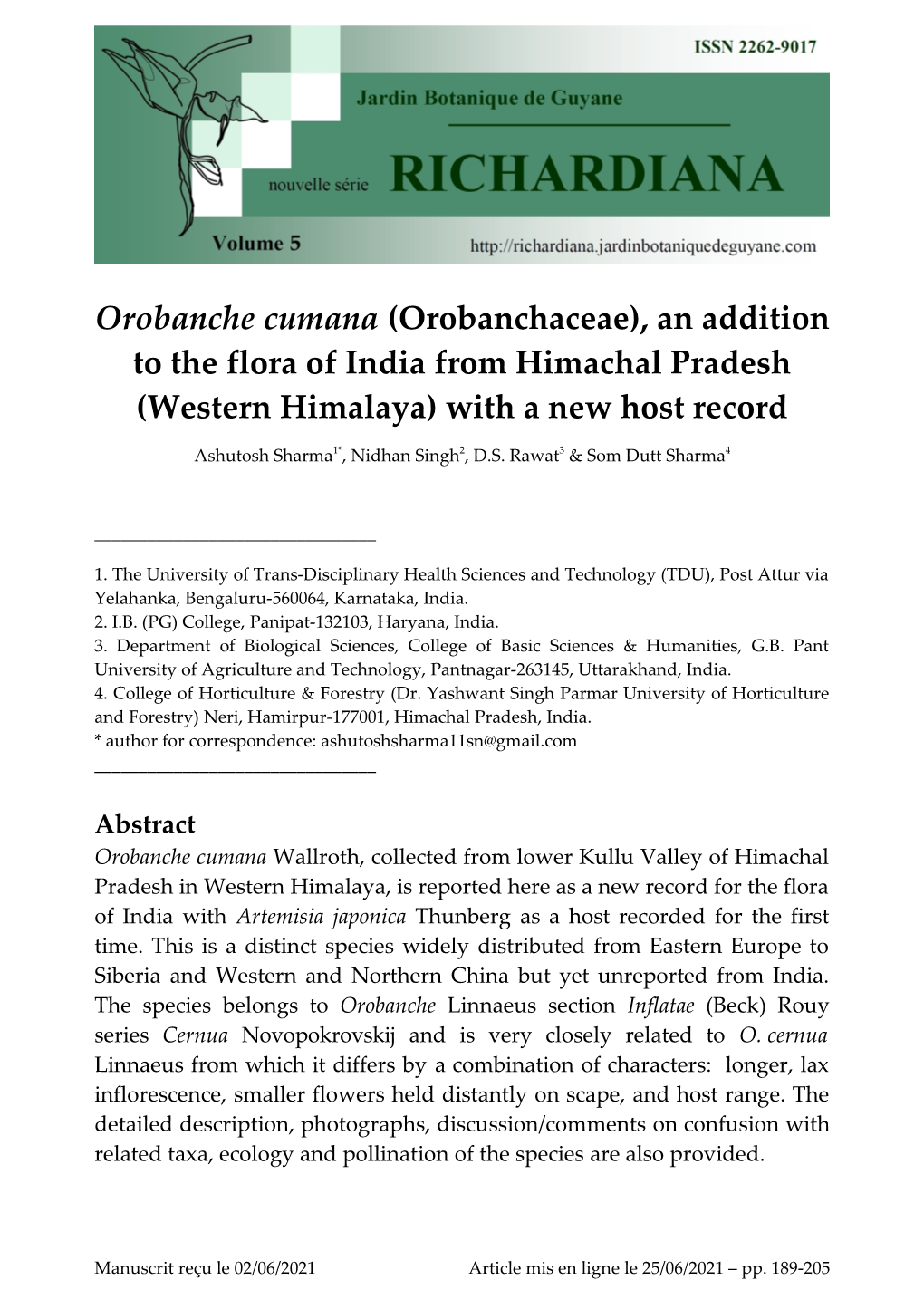 Orobanche Cumana (Orobanchaceae), an Addition to the Flora of India from Himachal Pradesh (Western Himalaya) with a New Host Record