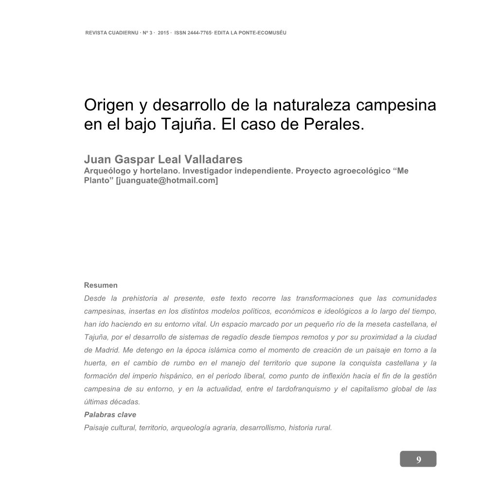 Origen Y Desarrollo De La Naturaleza Campesina En El Bajo Tajuña. El Caso De Perales