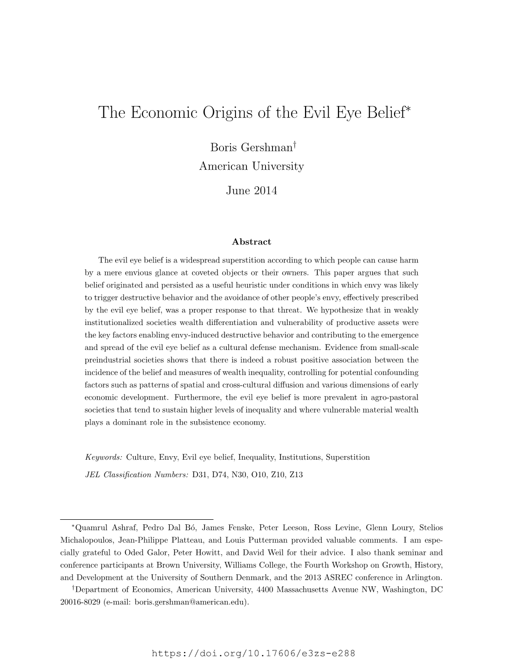 The Economic Origins of the Evil Eye Belief∗