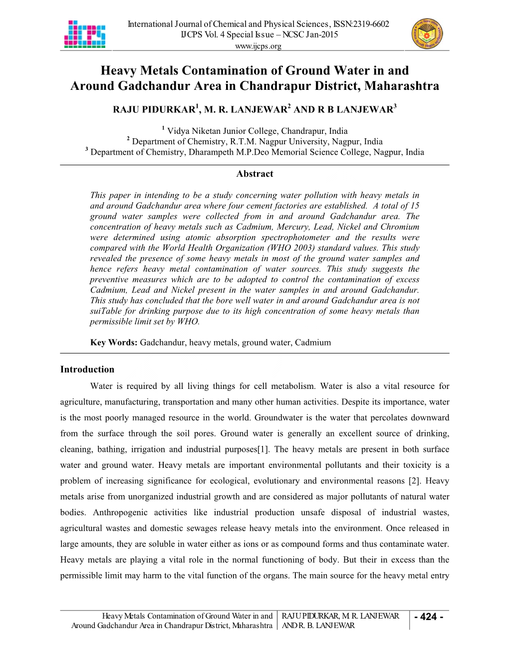 Heavy Metals Contamination of Ground Water in and Around Gadchandur Area in Chandrapur District, Maharashtra