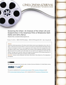 An Analysis of the Urban Life and Subjectivities in the Assamese Films of Bhabendra Nath Saikia and Jahnu Barua Minakshi Dutta, Meenakshi.2Ndmay@Gmail.Com