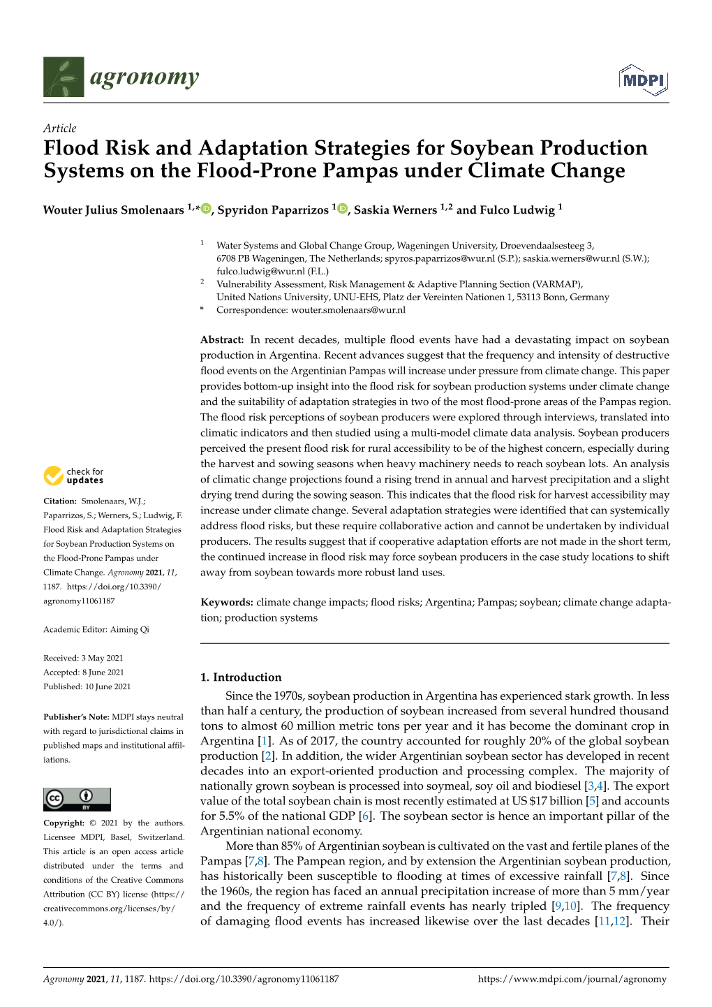 Flood Risk and Adaptation Strategies for Soybean Production Systems on the Flood-Prone Pampas Under Climate Change