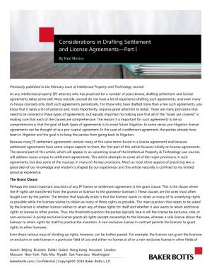 Considerations in Drafting Settlement and License Agreements—Part I