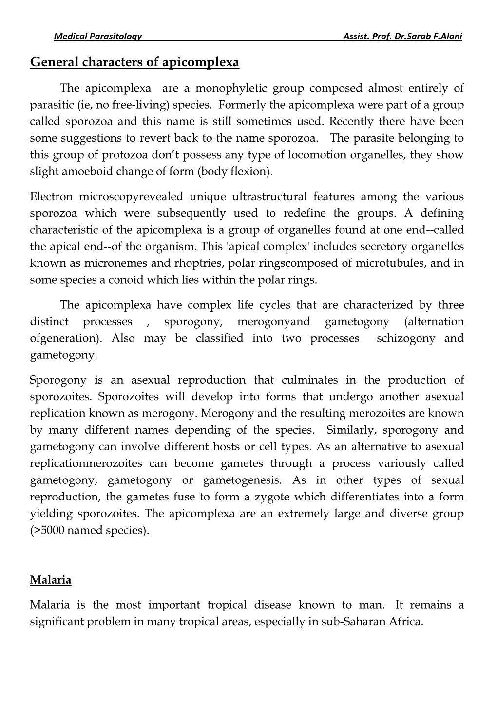 General Characters of Apicomplexa