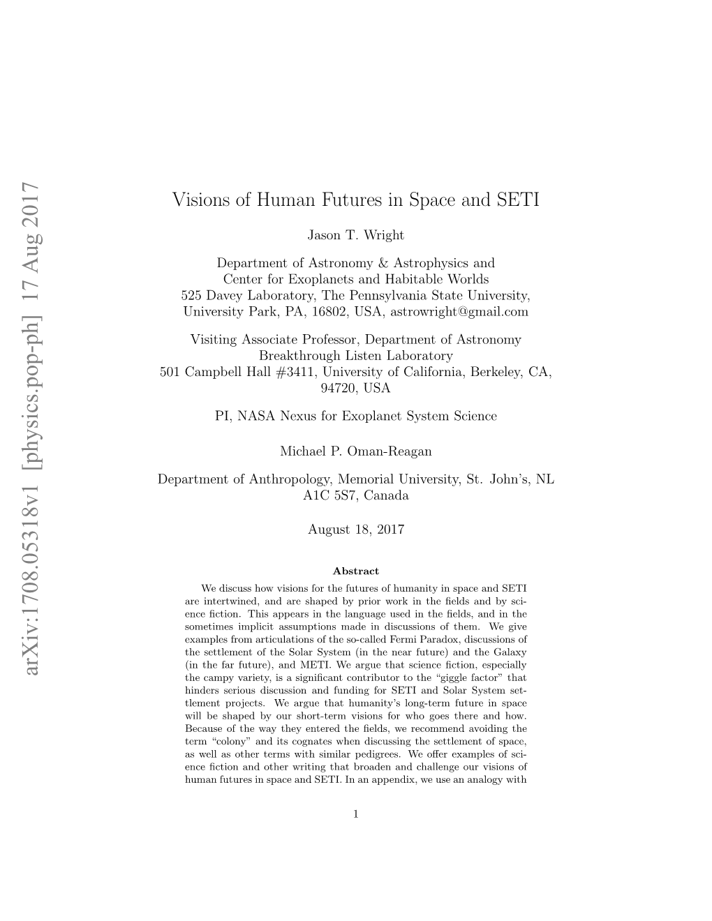 Arxiv:1708.05318V1 [Physics.Pop-Ph] 17 Aug 2017 Eateto Nhoooy Eoiluiest,S.Jh’,NL John’S, St