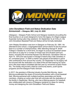 John Donaldson Field and Statue Dedication Date Announced -- Glasgow, MO | July 23, 2020