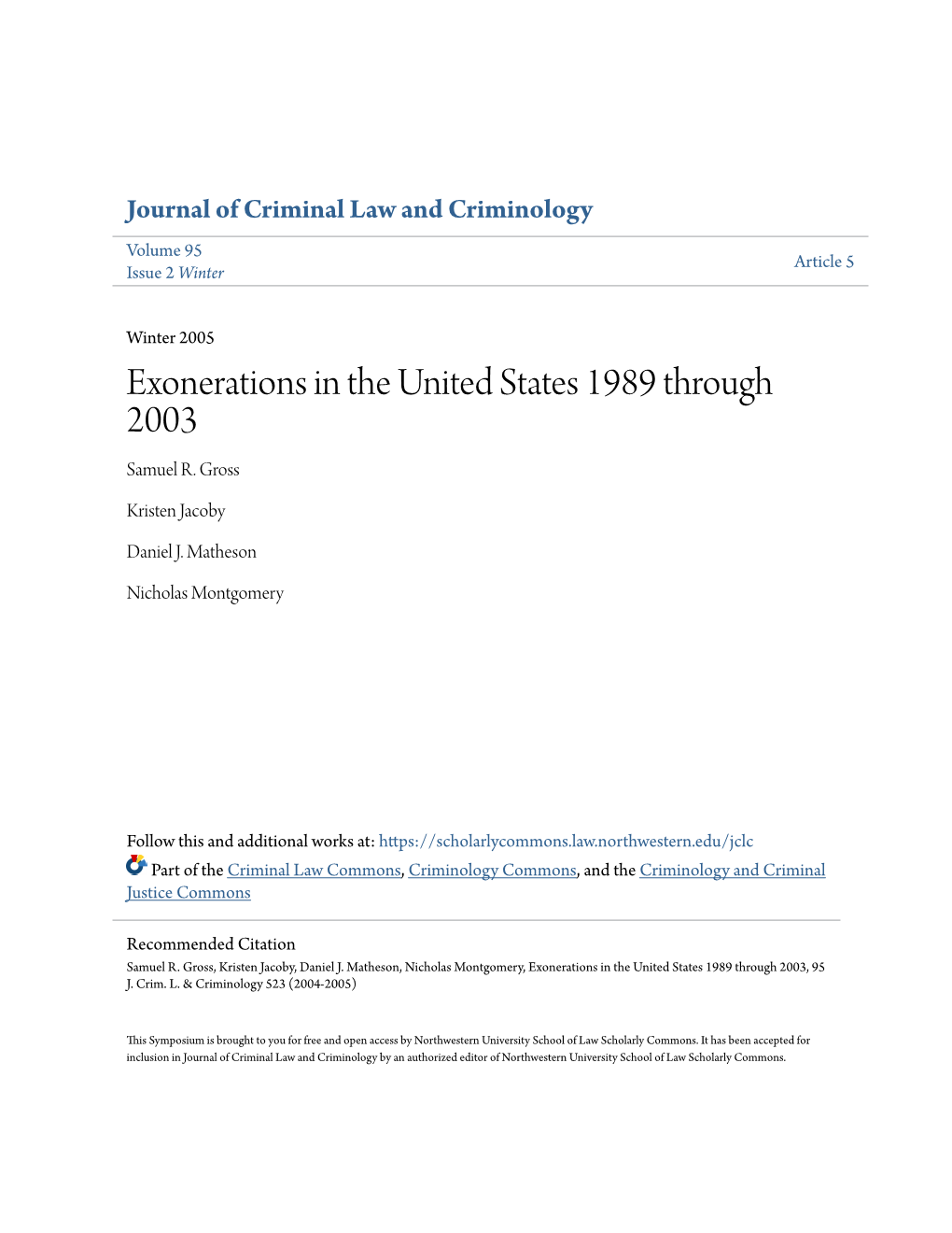 Exonerations in the United States 1989 Through 2003 Samuel R