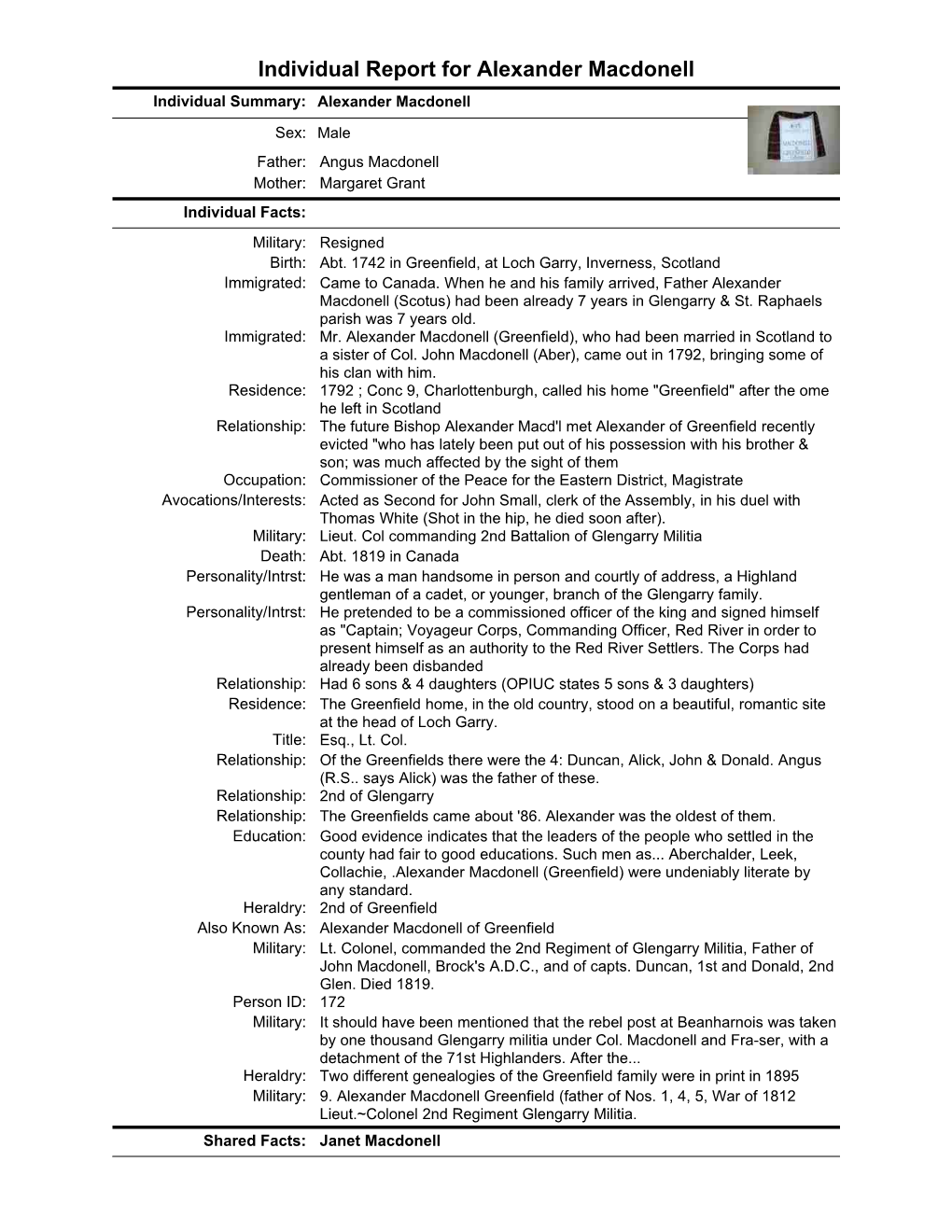 Individual Report for Alexander Macdonell Individual Summary: Alexander Macdonell