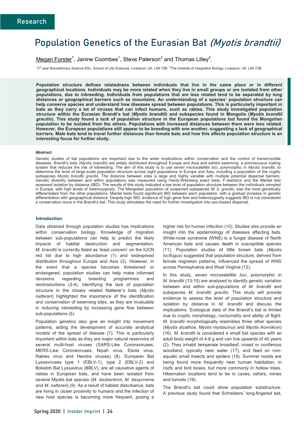 Population Genetics of the Eurasian Bat (Myotis Brandtii)